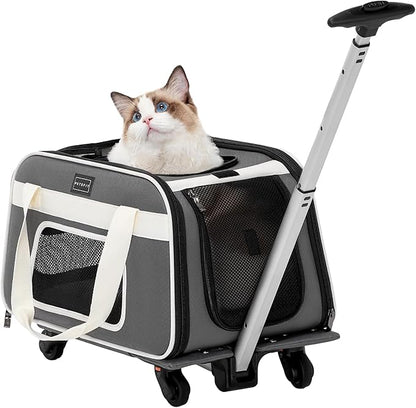 PETSFIT Airline Approved Cat Carrier with Wheels Designed for Small Dogs/Cats with Adjustable Safety Rope & Removable Wheels