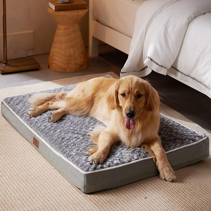 WNPETHOME Orthopedic Large Dog Bed, Dogs Bed for Large Dogs with Egg Foam Crate Pet Bed with Soft Rose Plush Waterproof Dog Bed Cover Washable Removable（Dog Bed Large 36 x 27 x 3 inch Grey）