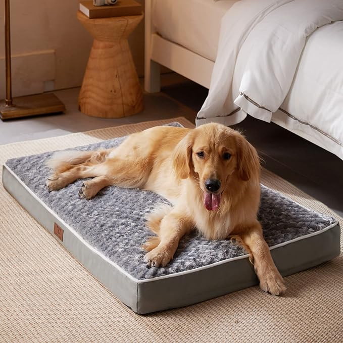 WNPETHOME Orthopedic X Large Dog Bed, Dogs Bed for Large Dogs with Egg Foam Crate Pet Bed with Soft Rose Plush Waterproof Dog Bed Cover Washable Removable（XL Dog Bed 42 x 30 x 4 inch Grey）