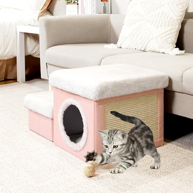 B FSOBEIIALEO Cat House with Toy Storage Box, Cat Condo Stairs for Indoor Room Bed Cat Cave, Foldable Pets beds Pet Steps Pink 15.7x12.6x12.6 inches