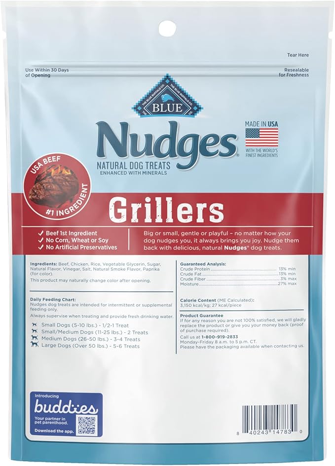 Blue Buffalo Nudges Grillers Natural Dog Treats, Made in the USA with Real Steak, 5-oz. Bag