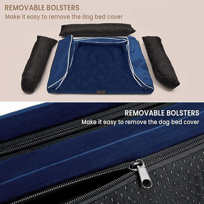 XL Dog Bed, Rich Blue Dog Beds for Extra Large Dogs, Washable Dog Bed with Removale Bolsters, High Bolster Waterproof Dog Bed with Nonslip Bottom, Orthopedic Extra Large Dog Bed up to 100 lbs