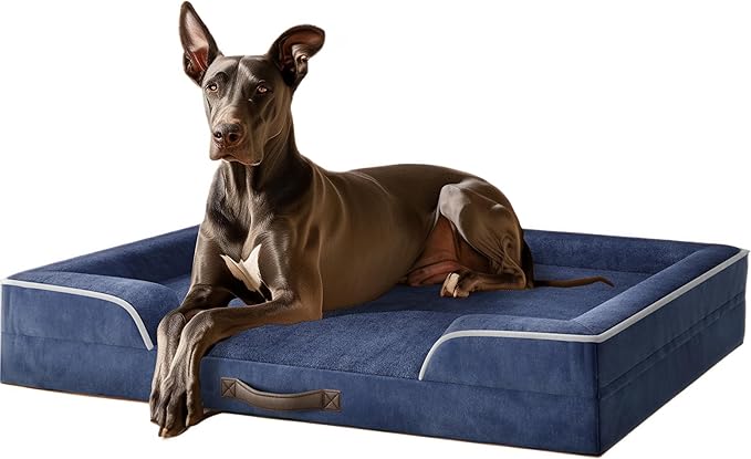 XXL Orthopedic Dog Sofa Bed - Jumbo Pet Couch with Memory Foam, Completely Removable Washable Cover, Waterproof Lining, Nonskid Bottom, Navy Blue - Perfect for Large Breeds