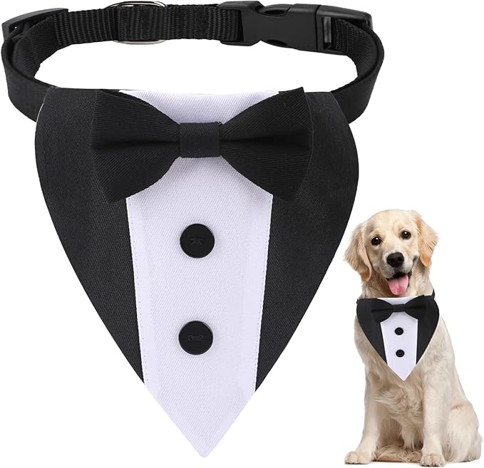 Dog Tuxedo Wedding Bandana Collar with Bow Tie Adjustable Dog Tuxedo Suit Formal Dog Costumes Pet Party Tux for Small Medium Large Dogs Pets(Large: Neck 15”-25”)