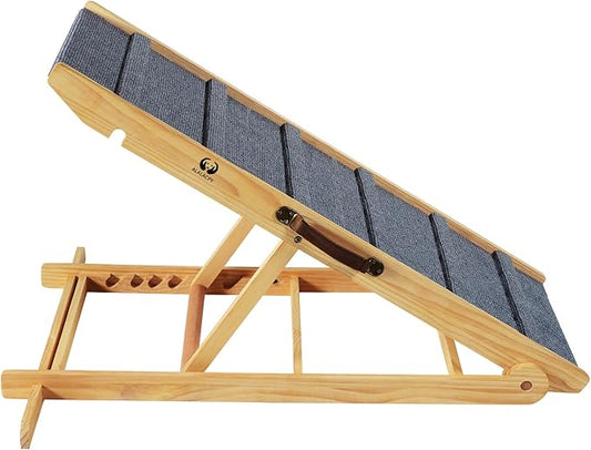 Adjustable Dog Cats Ramp, Folding Portable Wooden Pet Ramp for All Small and Older Animals - 42" Long and Adjustable from 14” to 26” - Rated for 200lbs - Lightweight Dog Car Ramps for SUV, Bed, Couch