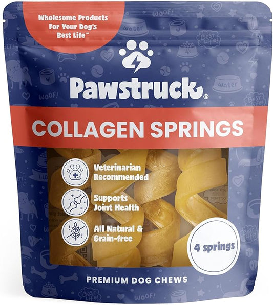 Pawstruck Natural Large Collagen Stick Springs for Dogs - Vet-Approved Long Lasting Alternative to Traditional Rawhide & Bully Sticks w/Glucosamine & Chondroitin - 4 Pack - Packaging May Vary