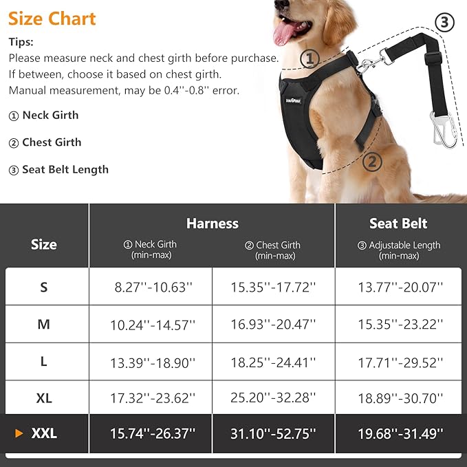 Dog Vehicle Safety Vest Harness, Adjustable Soft Padded Mesh Car Seat Belt Leash Harness with Travel Strap and Carabiner for Most Cars, XXL Size, Black