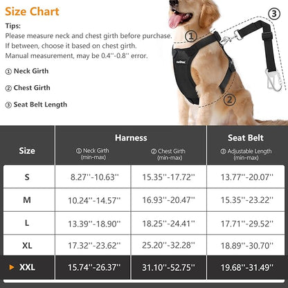 Dog Vehicle Safety Vest Harness, Adjustable Soft Padded Mesh Car Seat Belt Leash Harness with Travel Strap and Carabiner for Most Cars, XXL Size, Black