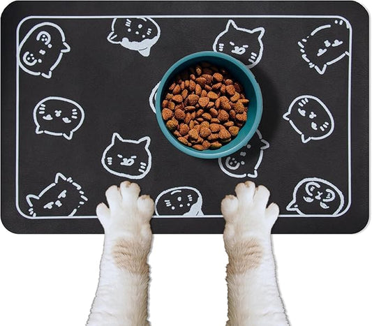 YCT Cat Food Mat for Pet Dog Food Mat, Cat Mat for Food and Water, Cat Feeding Mat Pet Dog Cat Bowl Mat, Non-Slip Super Absorbent, with Multiple cat Heads Logo，18.1 x 11.8 inches, Black