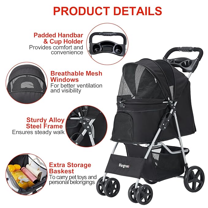 Pet Stroller for Medium Small Dogs and Cats 4 Wheels,