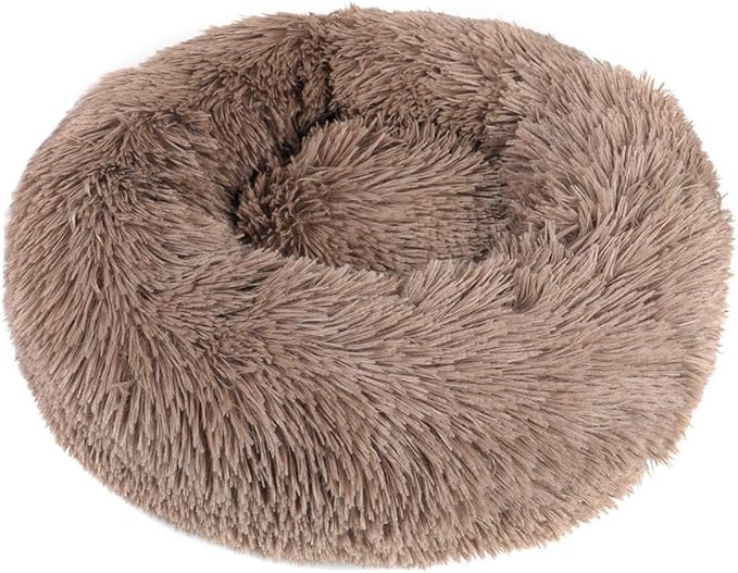 otoez Kitten Puppy Bed Small Round Dog Cat Beds Anti Anxiety Plush Pet Calming Donut Bed with Non-Slip Waterproof Bottom (19.7", Khaki)