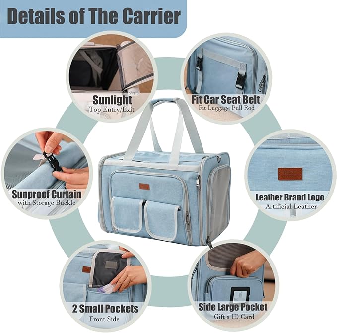 HSC PET Cat Bag Small Dog Carrier,Light Blue,Airline Approved,Expandable Soft-Sides Travel Handbag for Large Kitty,Puppy,Kittens Sturdy Transport Trip Totes,MAX 25lb(Blue,2Sides Expandable)