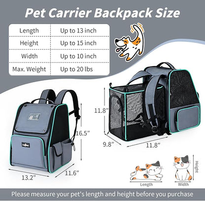 Cat Backpack Carrier, Expandable Pet Dog Backpack Carrier for Small Medium Cat Dog Under 20LBS, Ventilated Pet Backpack for Hiking Travel Outdoor Use, Gray