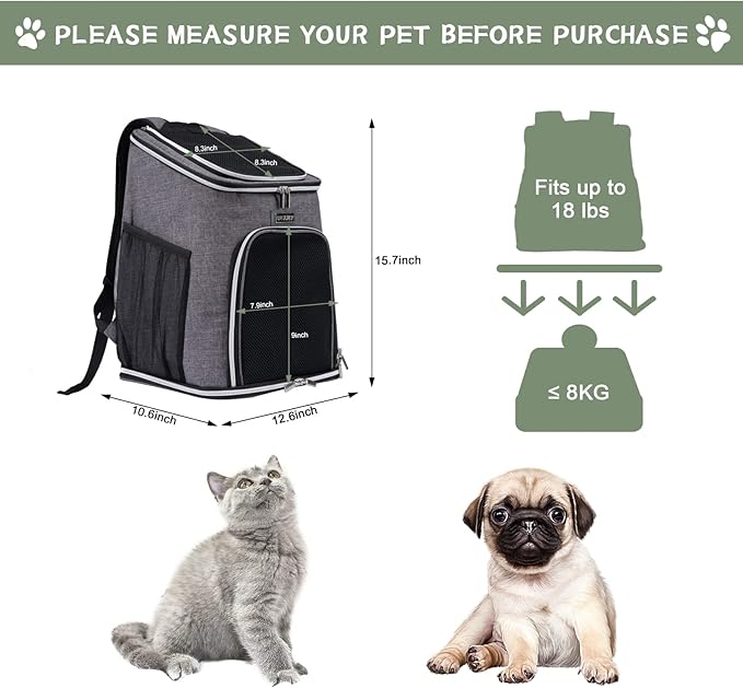 BAGLHER Cat Backpack Carrier, Mesh Pet Cat Carrier for Medium Small Dog Cat Puppy Kitten Bunny up to 18lbs, Dog Travel Backpack for Picnic Hiking Walking Cycling,Grey