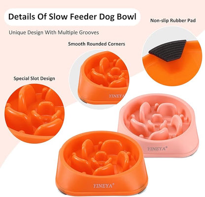 2Pcs Slow Feeder Dog Bowl Large Breed, Dog Slow Feeder Bowl, Dog Food Bowl Slow Feeder, Dog Bowl Slow Feeder, Dog Bowl That Slow Down Eating, Dog Puzzle Feeder, Slow Eating Dog Bowl Pink&Orange