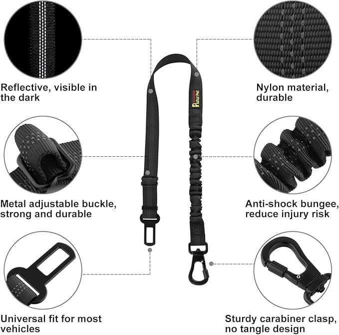 Plutus Pet Dog Seat Belt for Car, Adjustable Dog Car Harness with Carabiner Clip, Reflective Safety Dog Seatbelt Leash with Elastic Bungee, Black