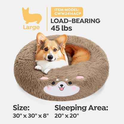 Veehoo Donut Calming Dog Beds for Medium Large Dogs-Round Cute Dog Bed Comfort Pet Bed 30" Camel