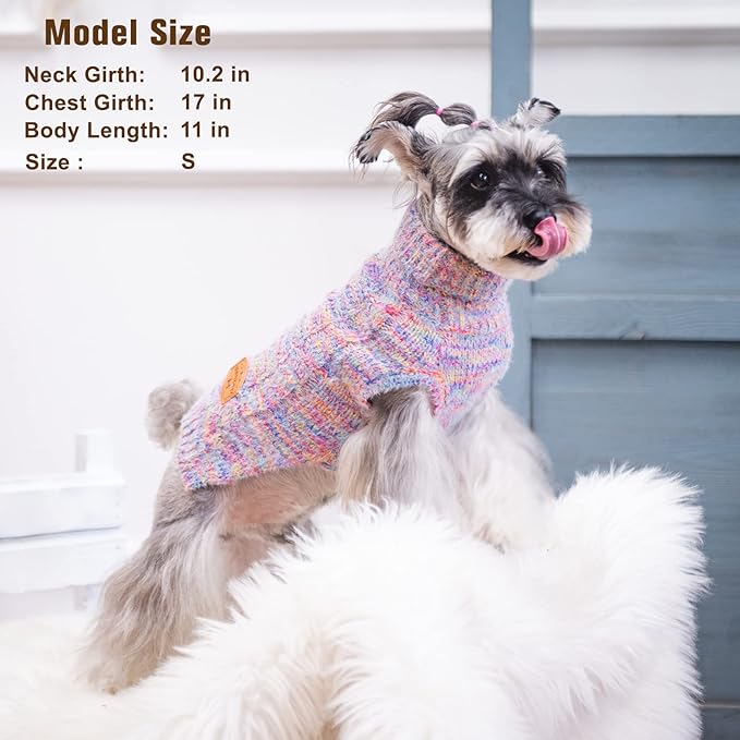 BEAUTYZOO Small Dog Sweater -Turtleneck Pullover Classic Cable Knit Fuzzy Winter Coat Dog Cold Weather Clothes for Small Medium Dogs Puppy Girl Boys(Rainbow Pink, L)