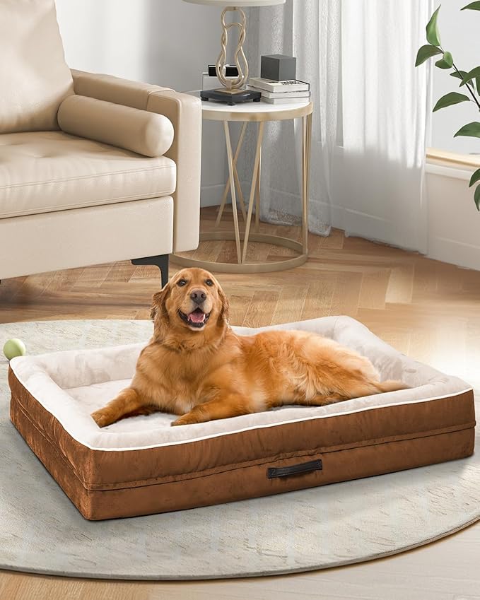 X-Large Orthopedic Dog Bed, Egg Foam Dog Couch with Removable Washable Cover, Waterproof Pet Sofa Bed with Non-Slip Bottom and Four-Sided Bolster Cushion, Brown Dog Beds for Large Sized Dog