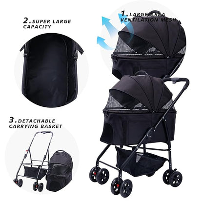Dog Cat Pet Gear Stroller 3-in-1 Folding Lightweight for Small Medium Dog Cat with Detachable Carrier 4 Wheels