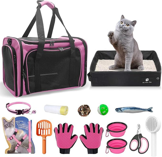 Cat Travel Carrier Bag Soft-Sided & Folding Cat Travel Litter Box, Airline Approved, 15pcs Cat Stuffs Included in Cat Carrier Kit, Fit for Up to 20LBs Pets Cat Kitten Dog Puppy