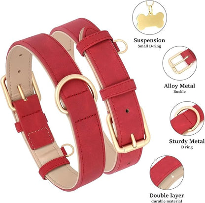 Didog Soft Padded Leather Dog Collar, Adjustable Dog Collars for Medium Dogs, Heavy Duty Medium Dog Collar Leather with Metal Buckle and D Ring,Red,M