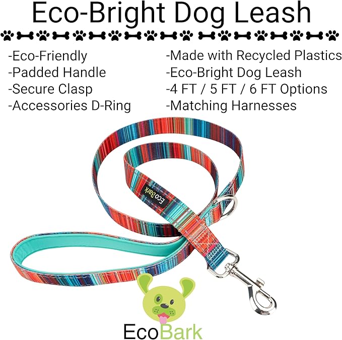 EcoBark Dog Leash - 4 FT / 5 FT / 6 FT Reflective Dog Leash- Eco-Bright Dog Leashes with Padded Handle - Strong Heavy Duty Dog Leash - Nylon Dog Leash for Medium and Large Dogs (Multicolor Dog Leash)