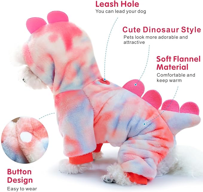 Idepet Halloween Dog Costume Dinosaur Clothes for Small Dogs,Fleece Winter Puppy Hoodies with Leash Ring Pet Cold Weather Coat Funny Outfits Party Apparel for Halloween Christmas (Pink, Large)