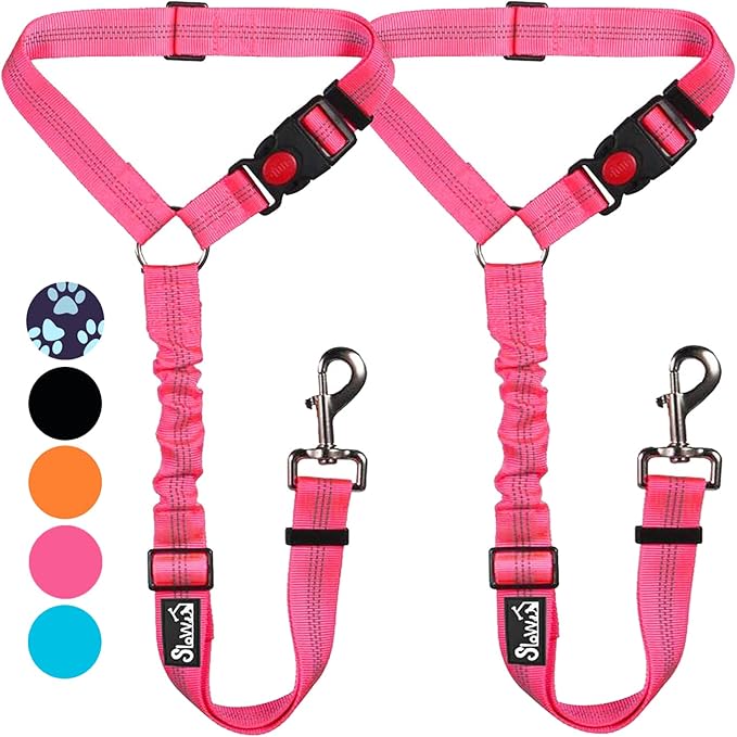 Lukovee Dog Car Seat Belt, 2 Pack Headrest Restraint Seatbelt, Adjustable Pet Safety Leads with Reflective Elastic Bungee for Dog Harness Collar Travel Daily Use (Fluorescent Pink,Headrest)