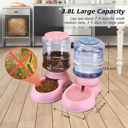 2 Pack Automatic Cat Feeder and Water Dispenser in Set Gravity Food Feeder and Waterer Pet Food Bowl for Small Medium Dog Pets Puppy Kitten Big Capacity 1 Gallon x 2