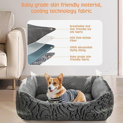 2 in 1 Dog Bed Washable Pet Cooling Beds for Large Medium Small Dogs Cats Orthopedic Reversible Washable Sofa Rectangle Durable Puppy Cuddler Soft Calming Sleeping Bed