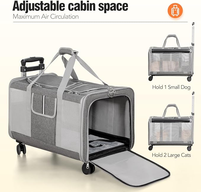 Sedioso Double Cat Carrier with Wheels, 24" L x 14.5" W x 14" H Extra Large Cat Carrier for 2 Big Cats, Soft Rolling Pet Carrier for Dogs Up to 40 Lbs, Double-Compartment Foldable Pet Carrier (Grey)