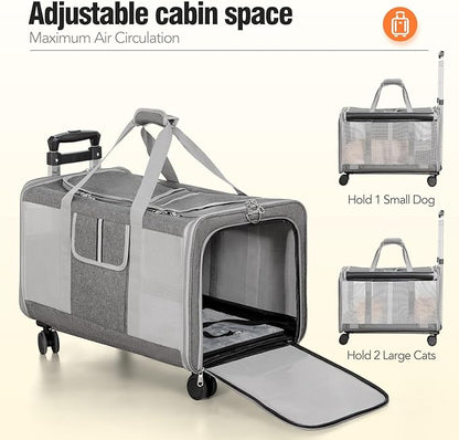 Sedioso Double Cat Carrier with Wheels, 24" L x 14.5" W x 14" H Extra Large Cat Carrier for 2 Big Cats, Soft Rolling Pet Carrier for Dogs Up to 40 Lbs, Double-Compartment Foldable Pet Carrier (Grey)