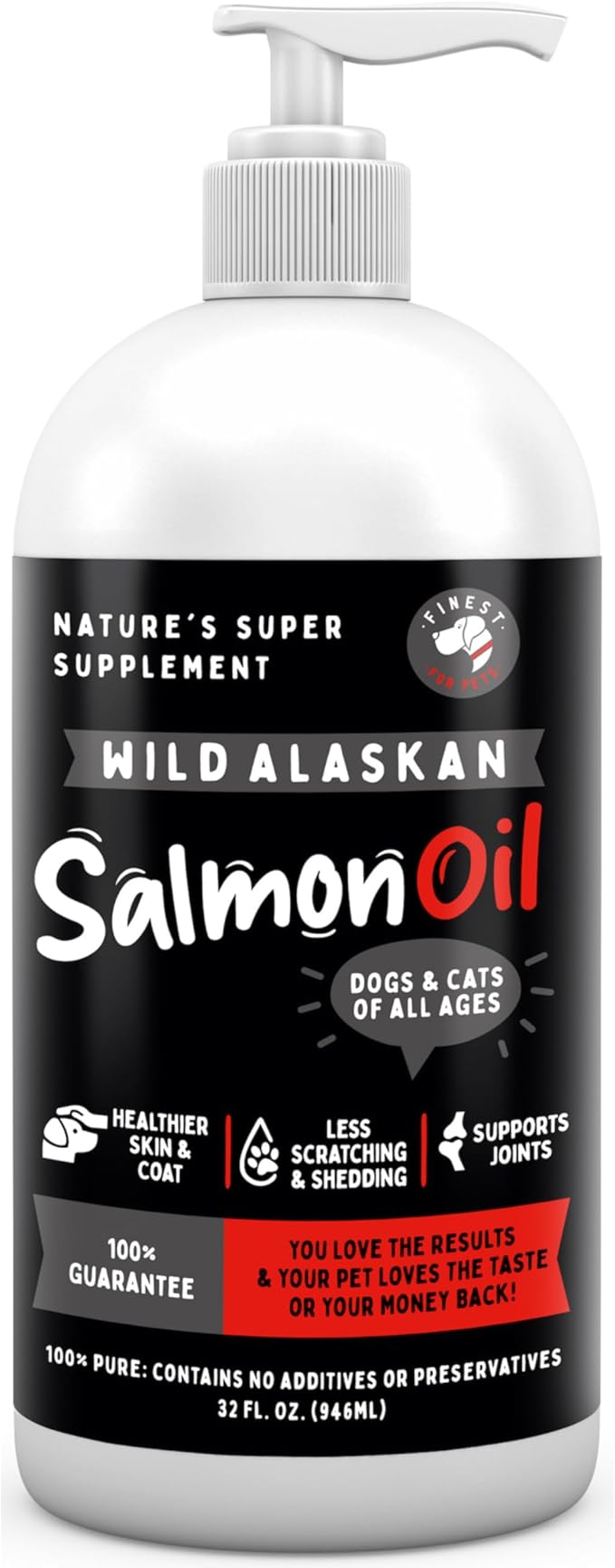 Pure Wild Alaskan Salmon Oil for Dogs & Cats 32oz - Relieves Scratching & Joint Pain, Improves Skin, Coat, Immune & Heart Health. All Natural Omega 3 Liquid Supplement for Pets, EPA + DHA Fatty Acids