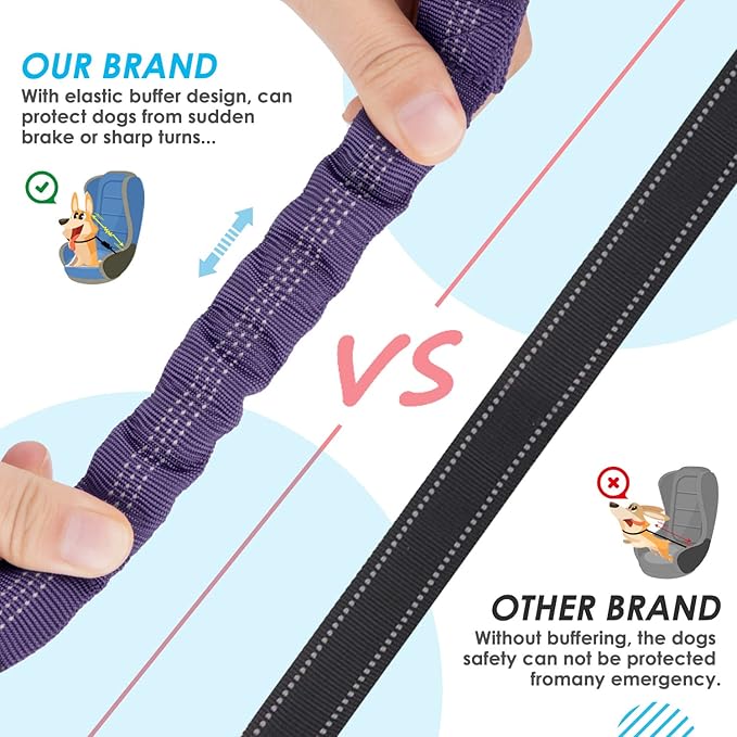 SlowTon Dog Seat Belt, Double Dog Seatbelt Adjustable Vehicle Safety Leash with Elastic Bungee Buffer, Reflective No Tangle Y Shape Two Dog Harness Seat Belt Splitter for Pets Car Trip (Purple, S)