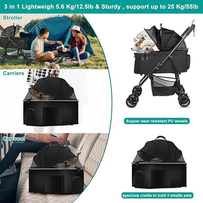 MILA&LOUIS Foldable Dog Stroller 4 Wheels 3 in 1 Folding 30lbs