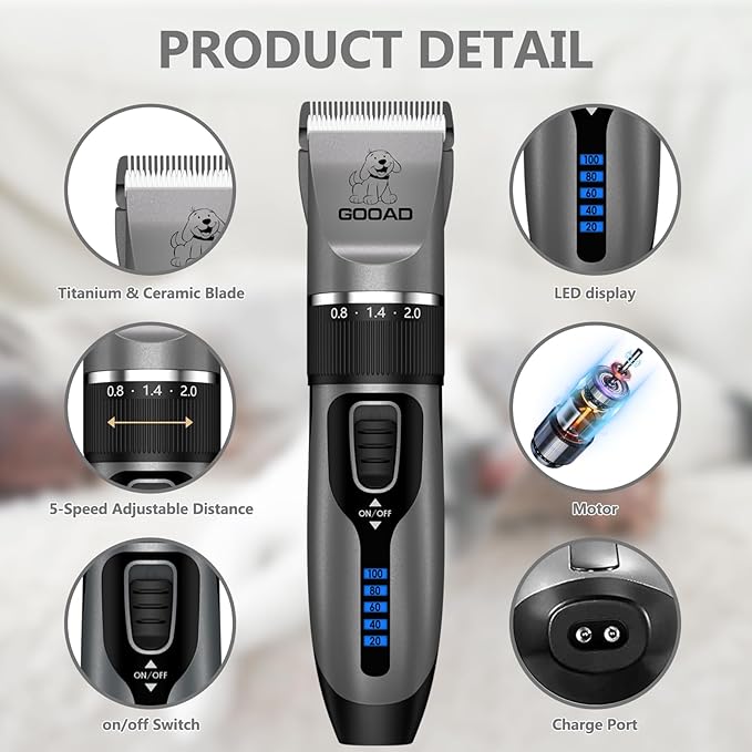 Dog Clippers Grooming Kit Hair Clipper -4 in 1Low Noise -Rechargeable-Cordless Quiet Paw Trimmer Nail Grinder, Trimmer Grooming for Thick Hair&Coats,Pet Shaver for Small and Large Dogs Cats