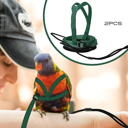 2 pcs Pet Parrot Bird Harness and Leash, Adjustable Training Design Anti-Bite, Outdoor Flying Training Rope Kit for Bird Parrots Fits Birds Chest Between24-51cm /9.45-20inch - M (Green)