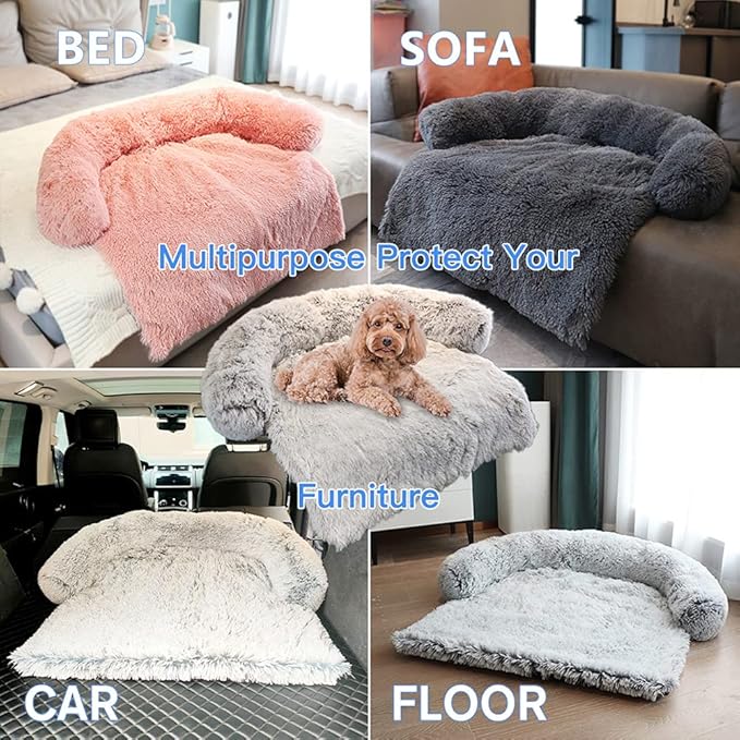 Pet Sofa Couch Protector for Dog with Memory Foam Neck Bolster, Universal Pet Furniture Cover, Plush Dog Bed and More for Cats, Machine Washable Brown Large