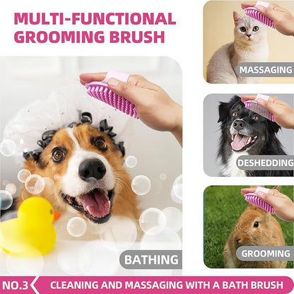 Bath Grooming Kit for Pets - Hair Brush Set with Towel, Washing Gloves, and Shampoo Scrubber Brush for Dogs and Cats (Pink)