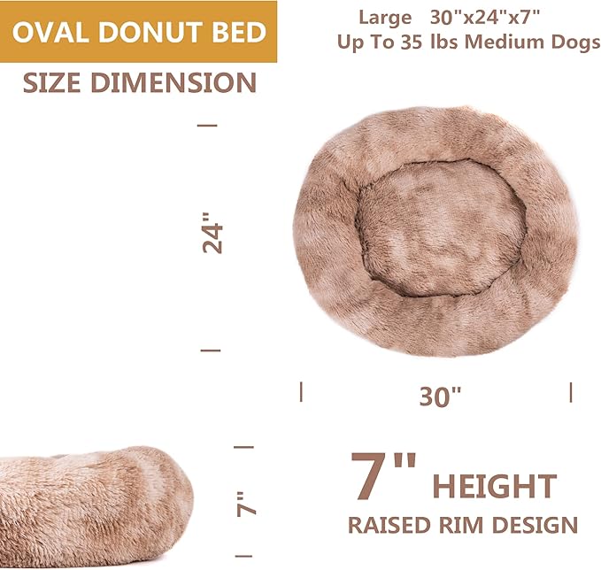 Oval Calming Donut Cuddler Dog Bed Bed(30"/36"/43") for (L(30"x24"x7"), Beige2021)