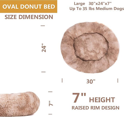 Oval Calming Donut Cuddler Dog Bed Bed(30"/36"/43") for (L(30"x24"x7"), Beige2021)