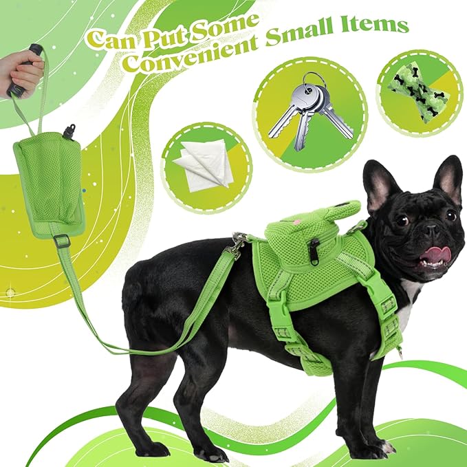 Dog Backpack Harness, Cute Dog Harness with Leash, Dog Harness with Backpack, No Pull Dog Saddle Bag Puppy Vest, Mesh Frog Self Bag with D-Ring, Dog Hiking Backpack for Small Medium Dogs S