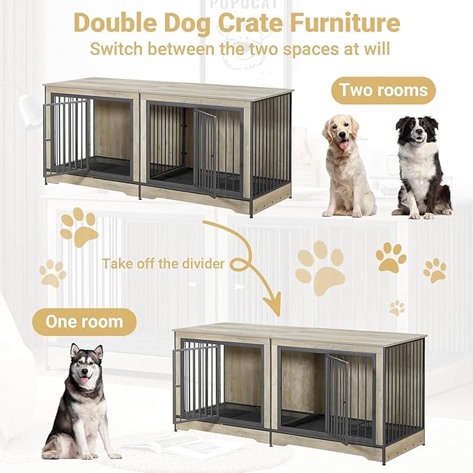 Rovibek 75'' Double Dog Crate Furniture for 2 Large Dogs