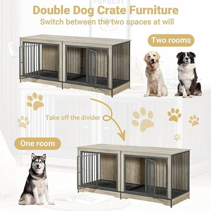Rovibek 75'' Double Dog Crate Furniture for 2 Large Dogs