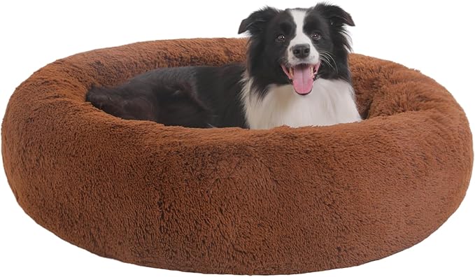 36" Calming Dog Bed with Removable Cover,Anti Anxiety Donut Dog Bed,Plush Round Pet Beds for Large Dogs,Fluffy Faux Fur Dog Bed,Washable Cuddler Dog Bed(Brown,Large)