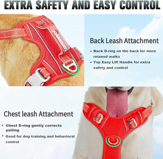 BARKBAY No Pull Dog Harness Large Step in Reflective Dog Harness with Front Clip and Easy Control Handle for Walking Training Running with ID tag Pocket(Red,L)