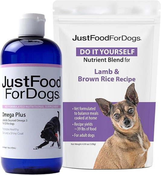 JustFoodForDogsDIY Human Quality Dog Food, Nutrient Blend Base Mix for Dogs - Lamb and Brown Rice Recipe (129 Grams) & Omega Plus Fish Oil for Dogs - Omega 3 Liquid Supplement for Pets - 16 oz