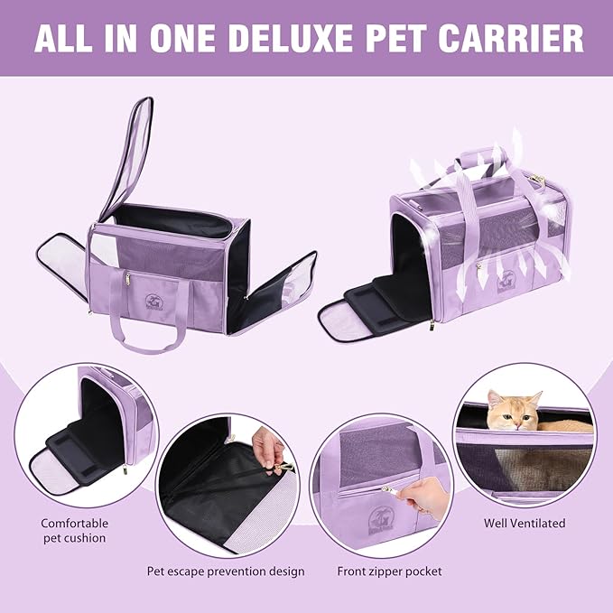 Luxury Pet Carrier for Dogs, Cats, Puppies - Airline TSA Approved, Durable Anti-Scratch Fabric, Soft-Sided, Consistent Airflow, Foldable Design, Cushion Pad, Travel (Lilac, Medium)