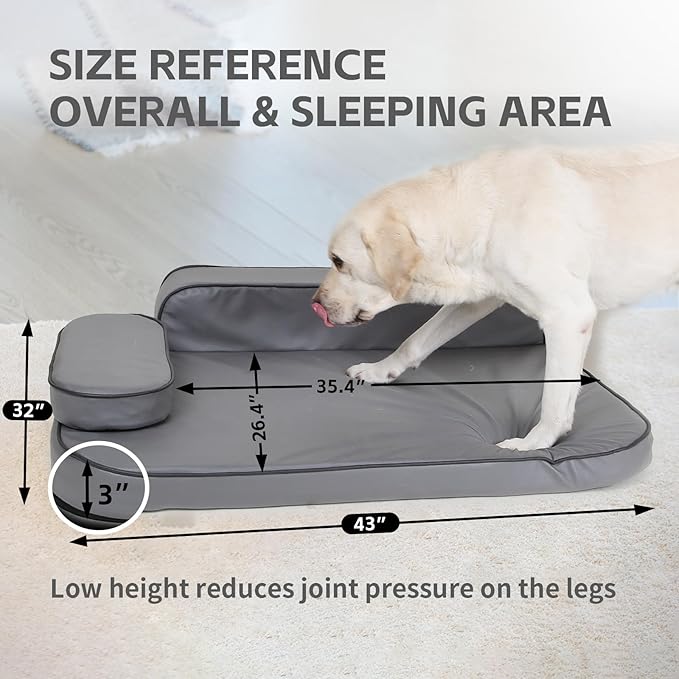 XL Dog Bed for Large Dogs, Easy Clean Dog Sofa Air-Leather-Fabric Pet Bed, Stain & Waterproof Dog Bed with Memory Foam & Washable Cover, with Pillow & Side Cushion, Gray, XL Size